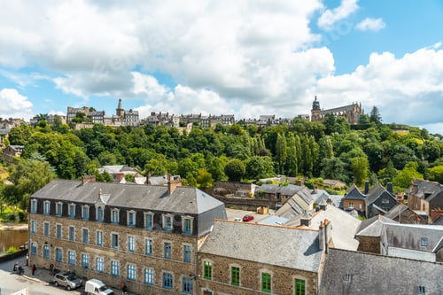 Preview: Interior of the castle of Fougeres and the city in the background. Brittany region, France