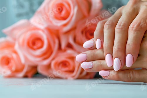 Preview: Beautiful pink matte manicure against the background of roses. Gel silk, oval-shaped nails.