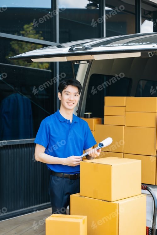 Preview: Portrait of courier delivery man searching the address on digital tablet. Delivery service,