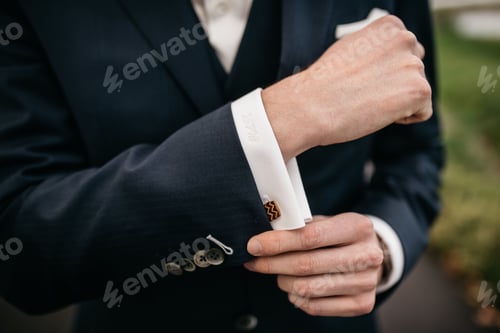 Preview: Man adjusting his tailored suit jacket, looking thoughtful and professional