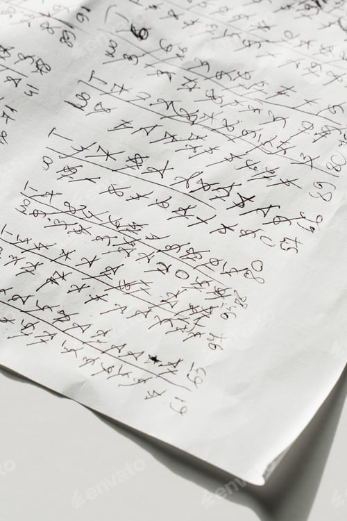 Preview: Handwritten Mathematical Calculations and Potential Cypher on Paper