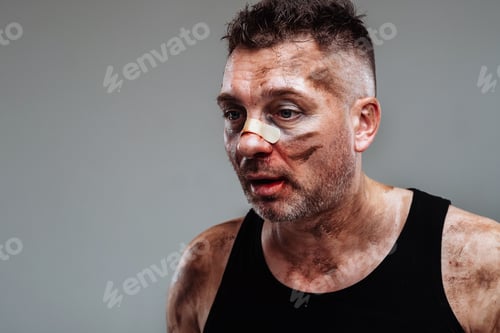 Preview: a battered man in a black T shirt who looks like a drug addict and a drunk stands against a gray