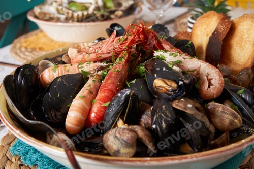 Preview: Delicious seafood mussels with shrimp and toast. Clams in the shells.Front view. Food concept.