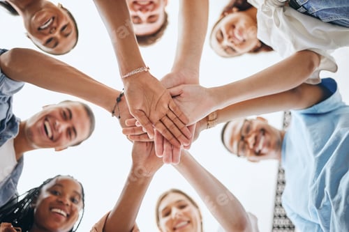Preview: Team, vision and hands in support of team building activity with diverse colleagues having fun outd