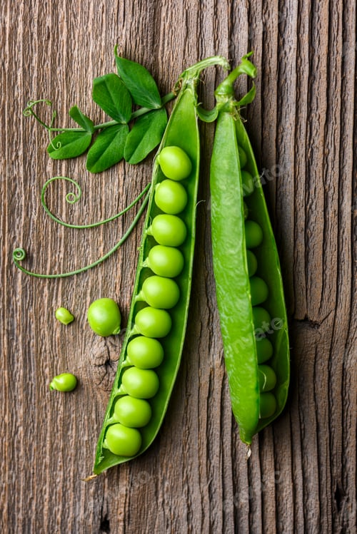 Preview: Green peas scattered on wooden background with open pods