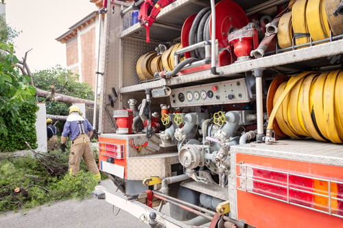 Preview: Selective focus shot of a fire engine with equipment in it