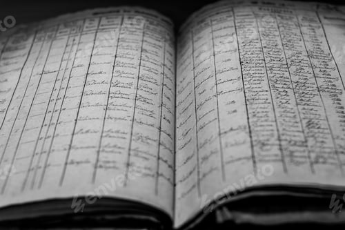 Preview: Closeup of an old book of local records with list of residents' names and information