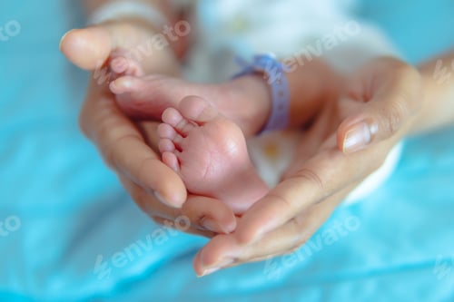 Preview: Parent holding in the hands feet of newborn baby, The love and generosity of a mother for her child.