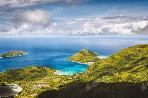 Preview: Mahe island, Seychelles. Panoramic view on therese island, bay ternay from morne blanc hill view