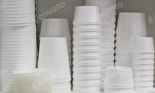 Preview: White styrofoam take out disposable containers stacked on a restaurant shelf, environmental issue