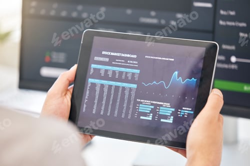 Preview: Tablet in hands, statistics and stock market with fintech and trading, invest and financial graph o