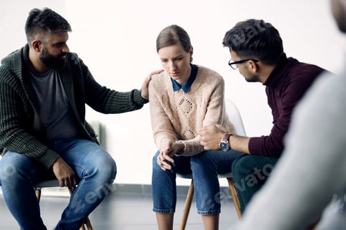 Preview: Young sad woman being consoled during group therapy counselling.