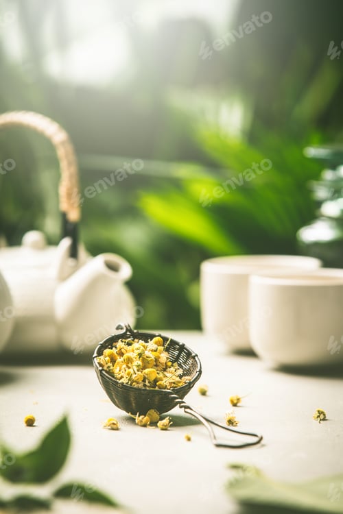 Preview: Tea composition on tropical leaves background, close up