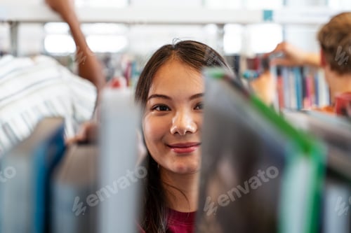 Preview: Young chinese woman smiling in library exploring educational books