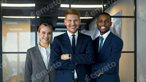 Preview: Smiling people in a suit in the office. Business people looking at camera