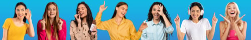 Preview: Collection of positive young women on blue, collage