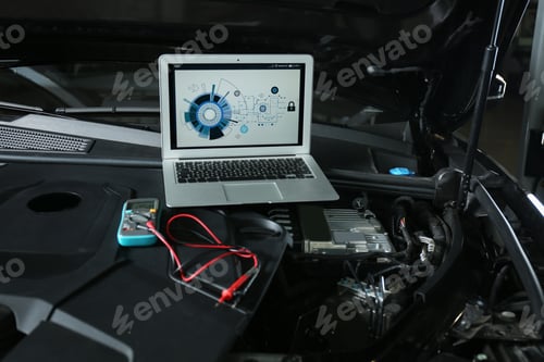 Preview: Laptop with diagram on auto engine. Modern car diagnostic