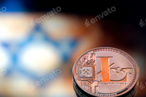 Preview: Coins litecoin, against the background of the Israeli flag.