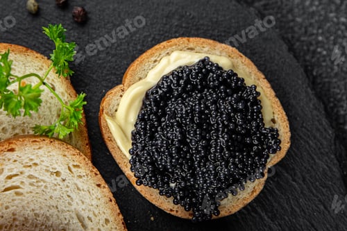 Preview: caviar lumpfish sandwich seafood black caviar fresh appetizer meal food snack on the table copy spac