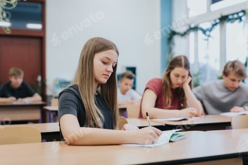 Preview: Group of teenagers sitting at school desks during math class lessons