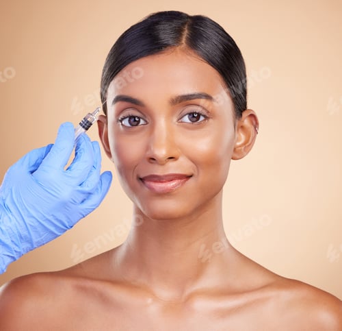 Preview: Portrait, smile or Indian woman with injection for botox, plastic surgery or medical cosmetics in s