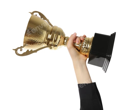 Preview: Woman with golden trophy cup on white background, closeup