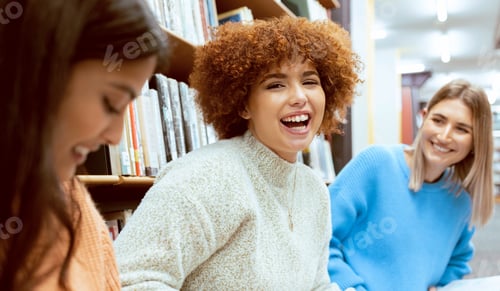 Preview: Friends, women and students in library, conversation or happiness while studying together, floor or