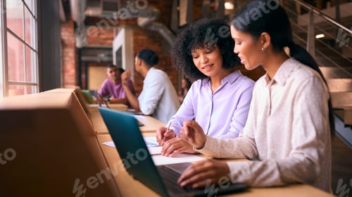 Preview: Two Businesswomen With Laptop Meeting In Office Discussing Documents With Colleagues In Background