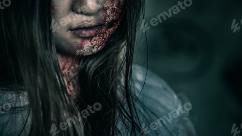 Preview: Close-up portrait of a horrible scary zombie woman.
