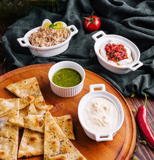 Preview: Italian focaccia bread with antipasti, top view