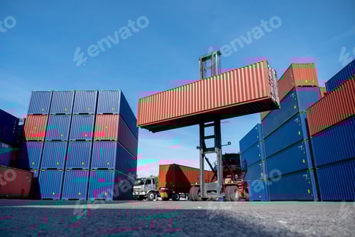 Preview: Wide shot of crane truck level up cargo container tank also show stack or layer of containers
