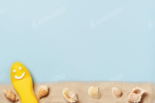 Preview: Smiling Sunscreen Bottle and Seashells on a Beach