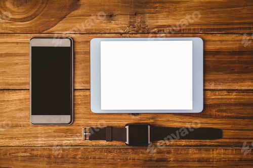 Preview: Tablet next to smartphone and swatch on wooden table