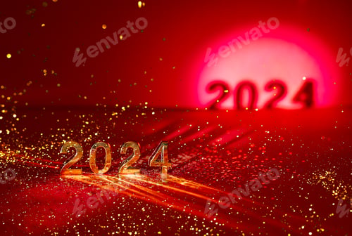 Preview: 2024 gold colored numbers and glittering confetti on a vivid bright red background
