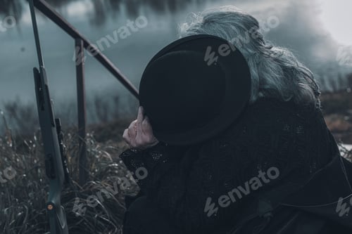 Preview: dark evil character holding euro cash outdoors a cloudy dark day - evil war grief concept