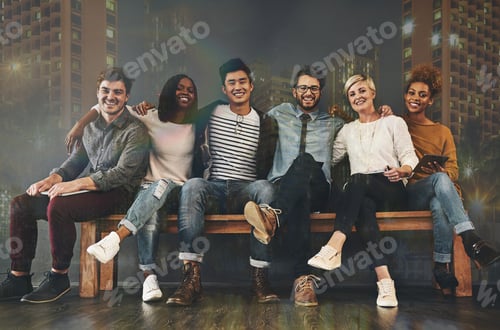 Preview: Diversity, friendship and portrait of people with a city background sitting together. Happy, smile