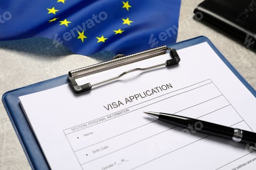Preview: Visa application form, pen and flag of European Union on light grey table, closeup