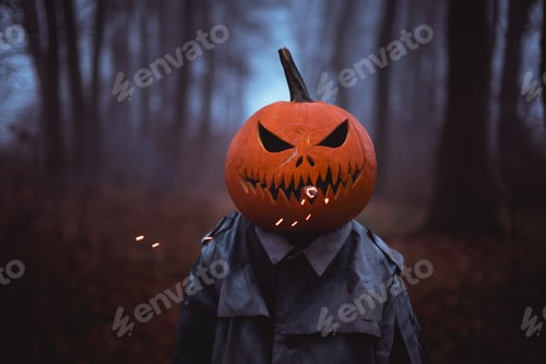 Preview: Spooky figure with pumpkin head smoking with smoke and sparks