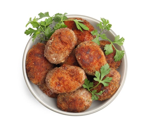 Preview: Tasty meat patties with parsley isolated on white, top view