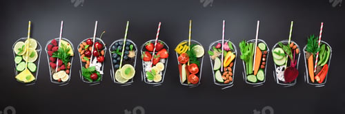 Preview: Food ingredients for blending smoothie or juice on painted glass over black chalkboard. Top view