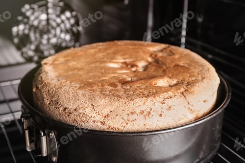 Preview: Delicious fresh homemade cake in oven, closeup
