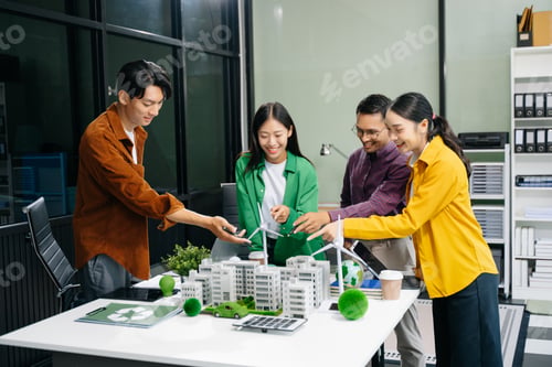 Preview: business team people planning and discussing on recycle reduce reuse policy symbol