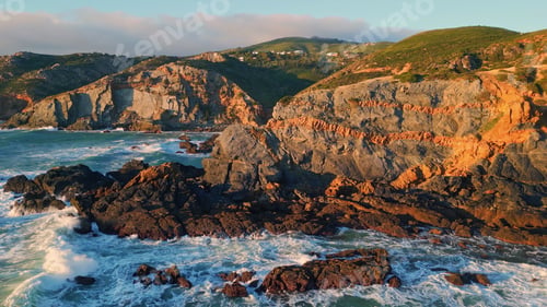 Preview: Stormy sea washing coastline super slow motion. Drone waves hitting rocky shore