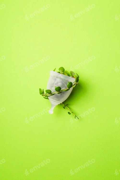 Preview: Menstrual cup and green leaves. Sustainable period, zero waste.