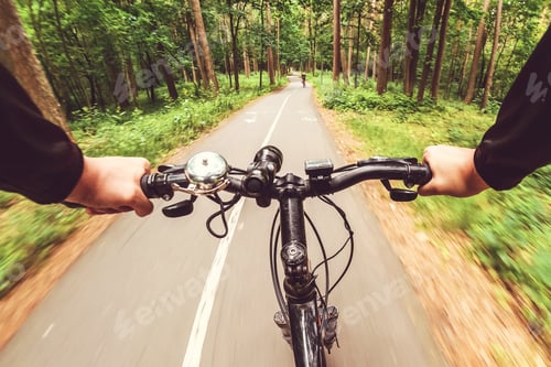 Preview: Mountain biking down hill descending fast. View from bikers eyes. Motion blurred
