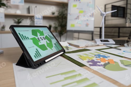 Preview: Digital ESG Analysis on Tablet in Modern Workspace