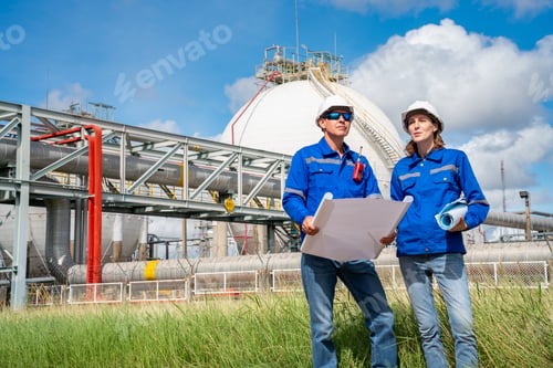 Preview: Team Petroleum chemical engineer discussion about blueprint drawings inside Oil Refinery Gas