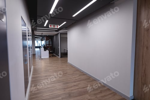 Preview: Interior of empty lobby with reception counter in modern office