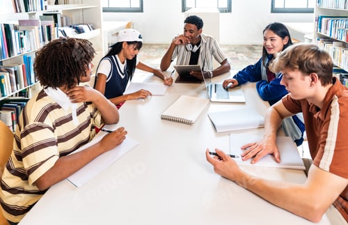 Preview: Diverse students studying together in a library
