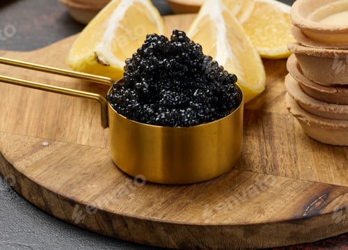 Preview: Black sturgeon caviar in copper bowl, lemon wedges and empty tartlets on table